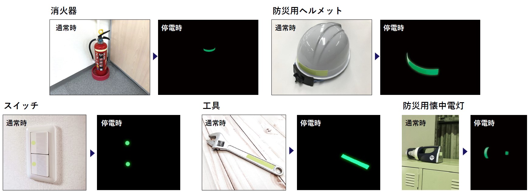蓄光テープの備品での活用例「防災グッズの視認性向上」